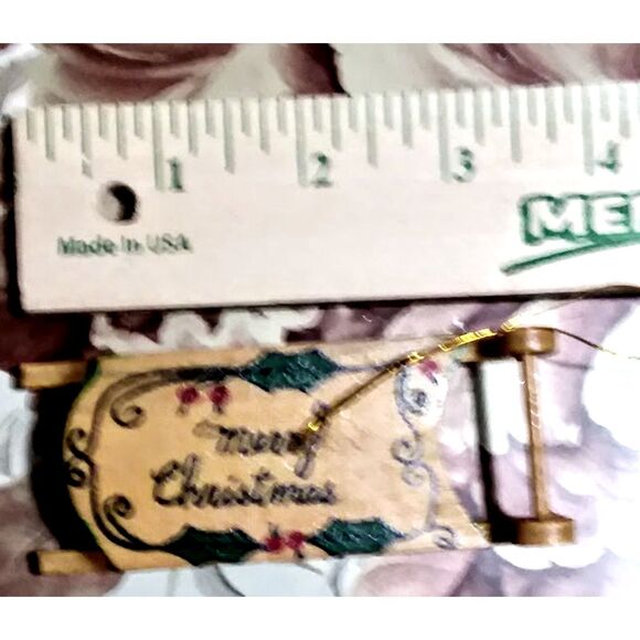 Wood Ornament Merry Christmas Painted Sleigh Holly 3" - Picture 1 of 3